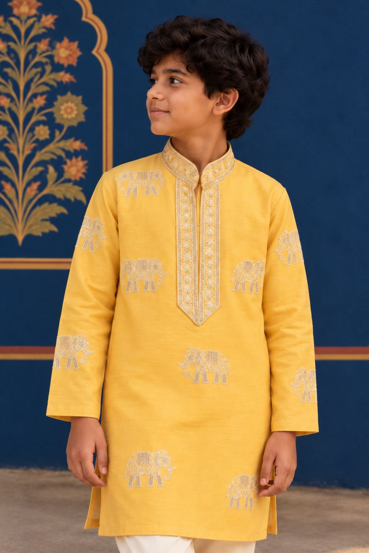 Boys Elegant Yellow Elephant Embroidered Kurta Set