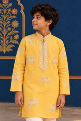 Boys Elegant Yellow Elephant Embroidered Kurta Set