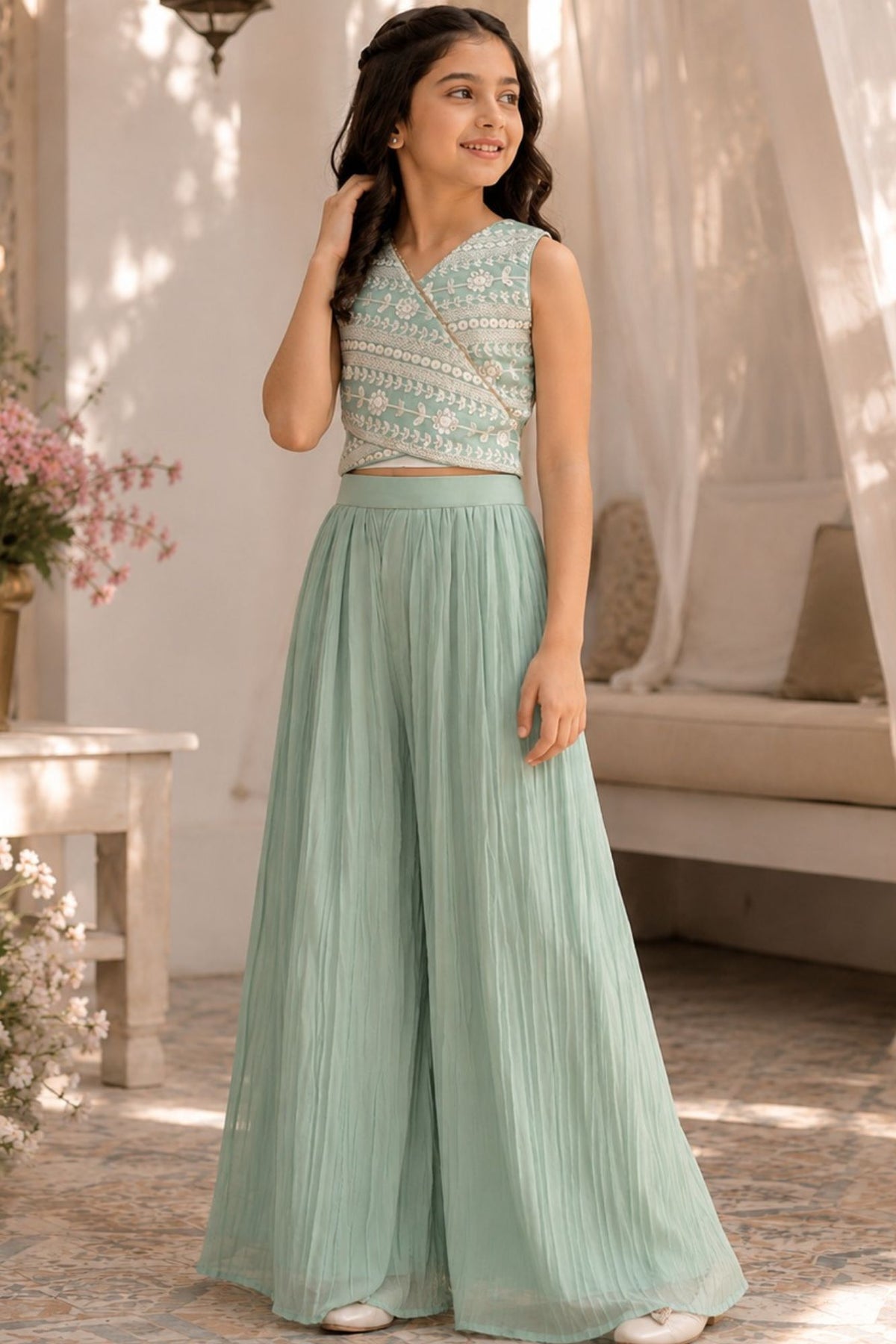 Girls Sea Green Embroidered Crop Top With Pleated Palazzo Set