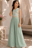 Girls Sea Green Embroidered Crop Top With Pleated Palazzo Set