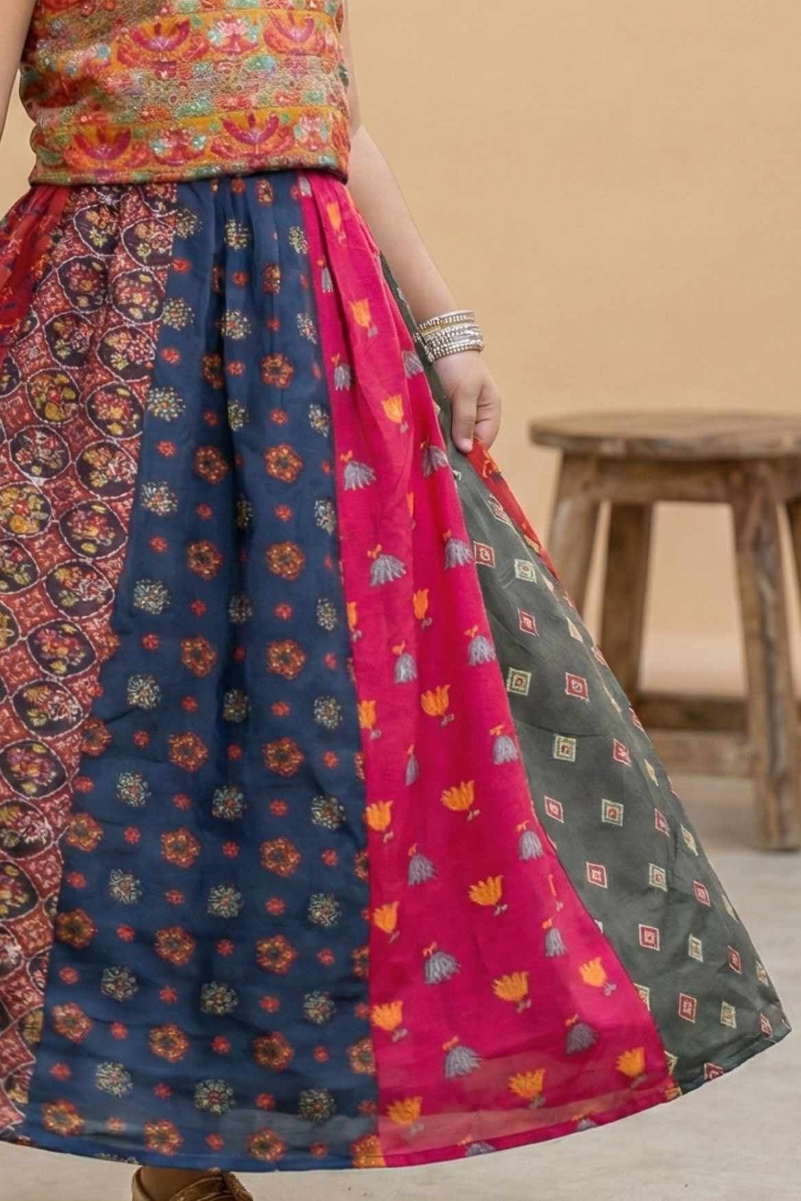 Multicolor Bandhani Printed And Floral Embroidered Lehenga Choli for Girls
