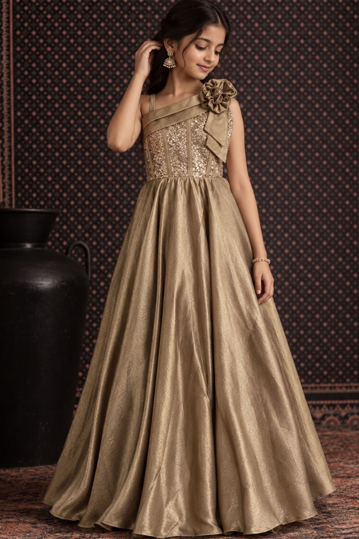 Girls Champagne Gold Sequined One Shoulder Party Wear Gown