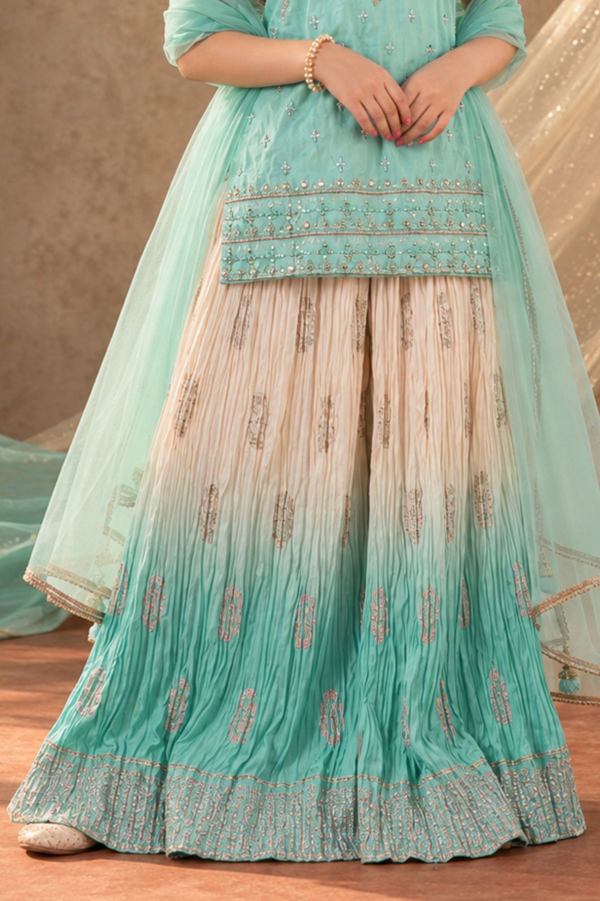 Pista Green Mirror Work And Embroidery Palazzo Set For Girls