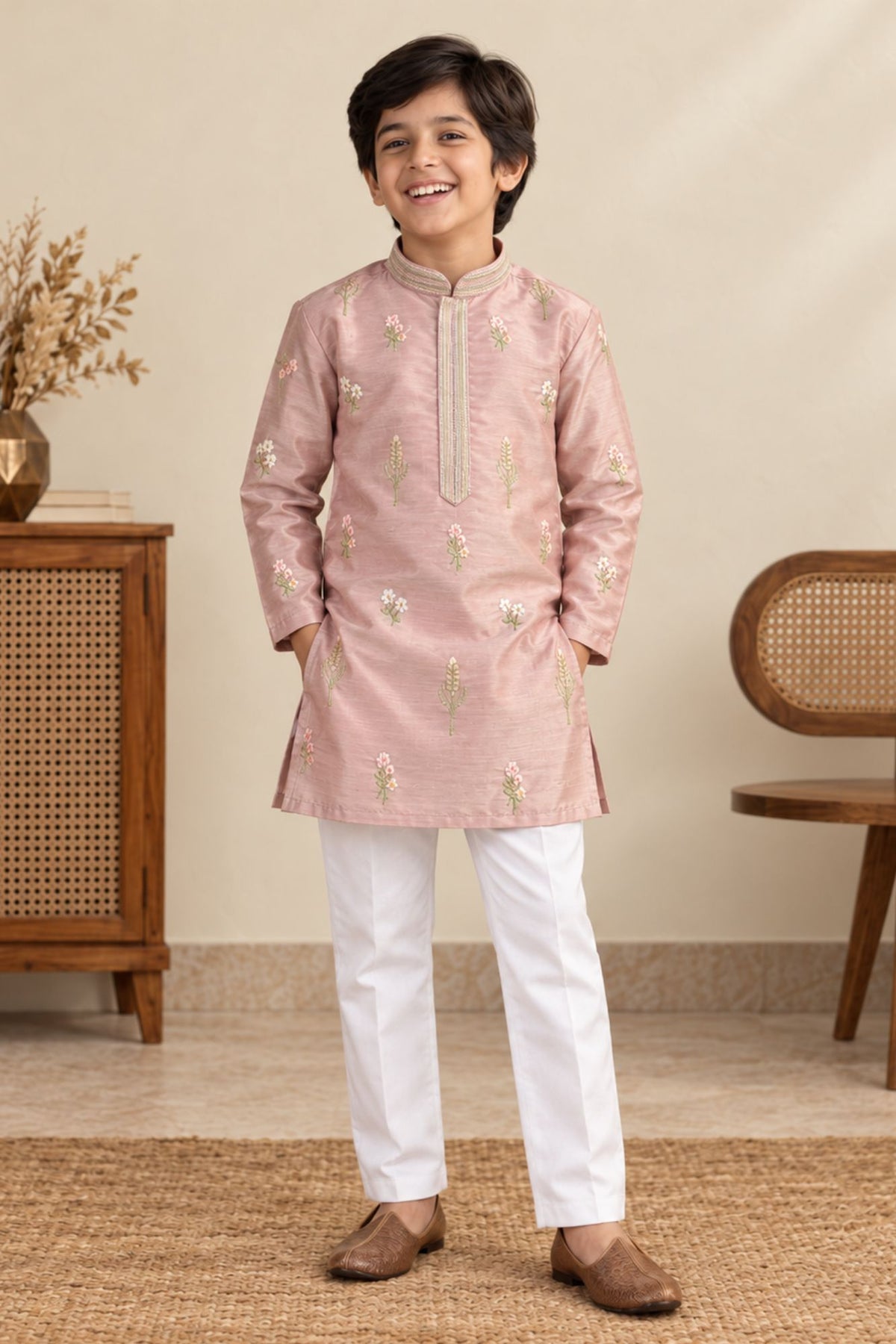 Boys Light Pink Chanderi Silk Embroidered Kurta Pant Set