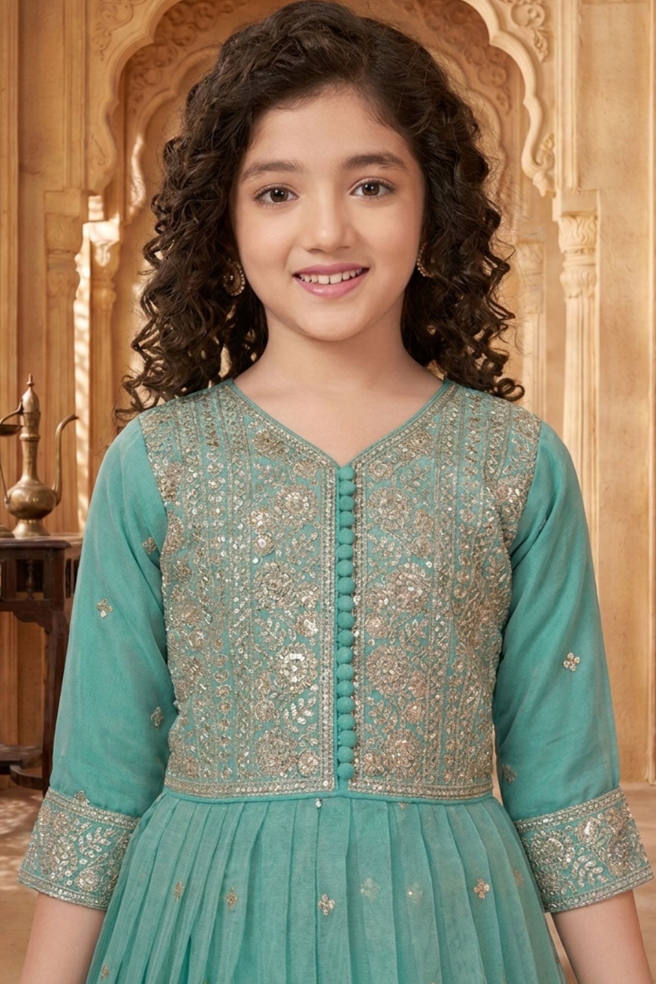 Teal Green Embroidered Long Ethnic Gown with Dupatta For Girls