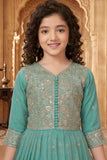 Teal Green Embroidered Long Ethnic Gown with Dupatta For Girls