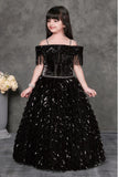 Midnight Sparkle Black Sequin Off-Shoulder Party Gown For Girls