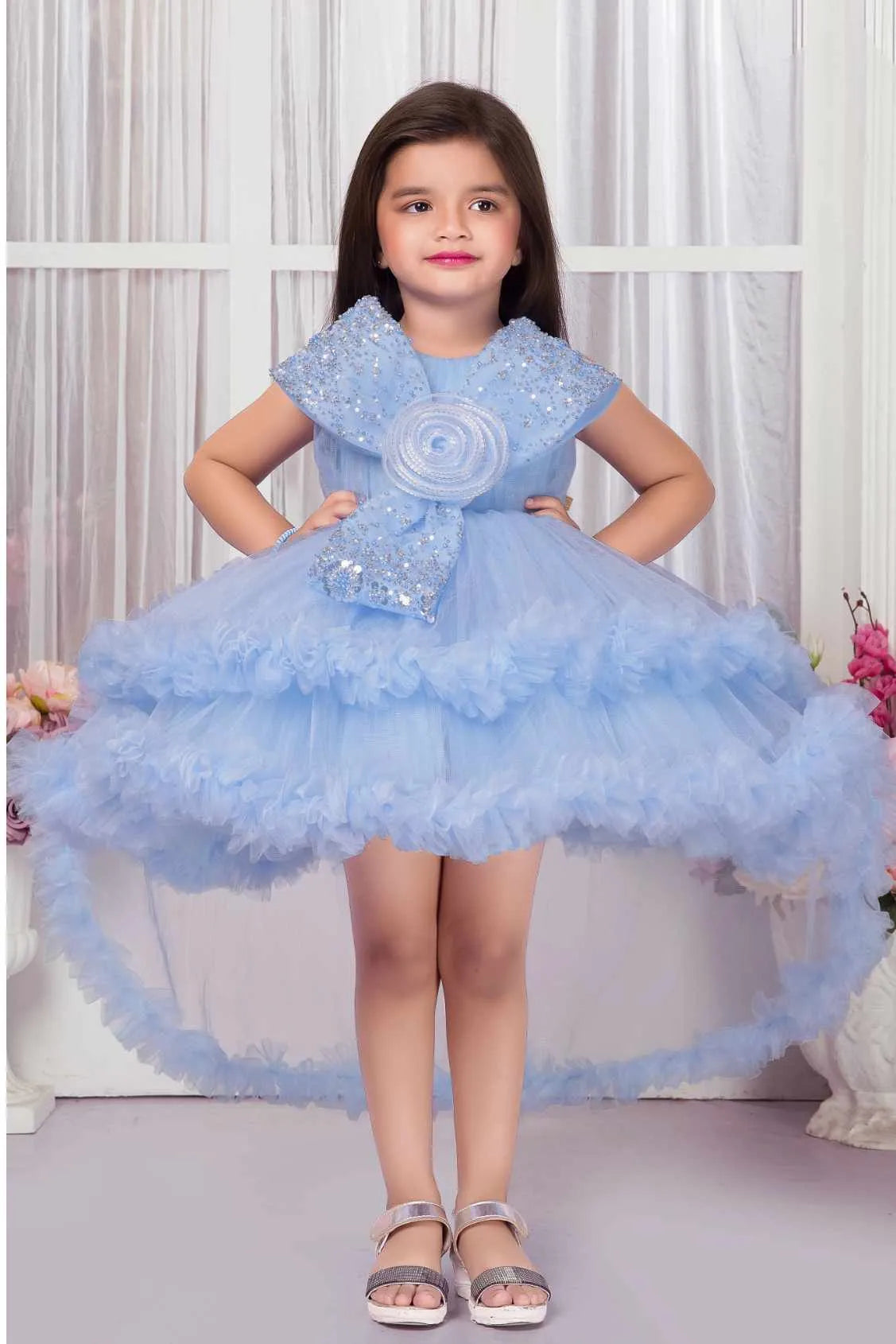 Powder Blue Sequin Bow Party Frock For Girls