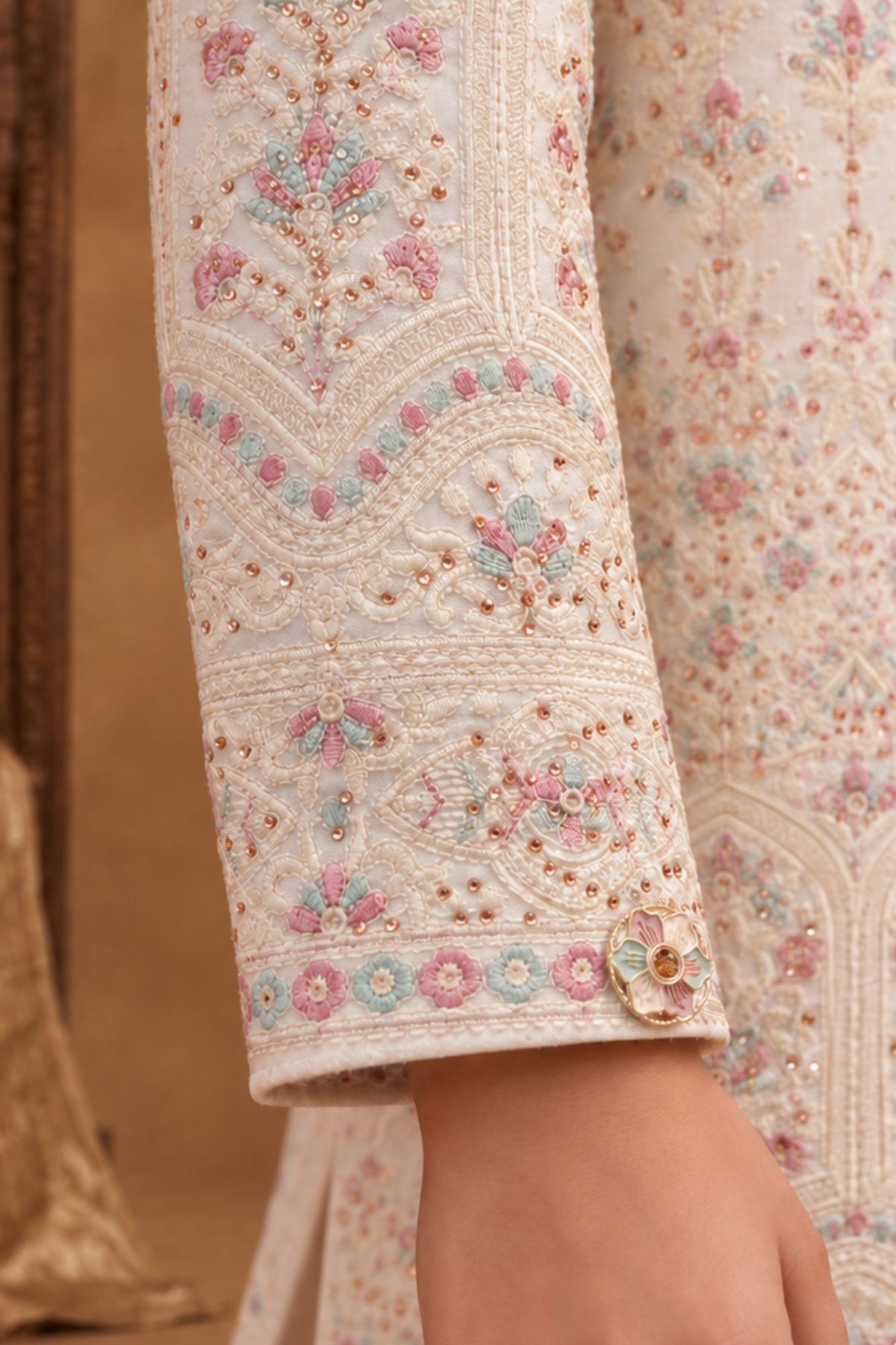 Cream Embroidered Sherwani Set With Classic Pants For Boys