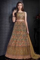 Fawn Lehenga Choli Set With Printed And Sequin Work For Girls