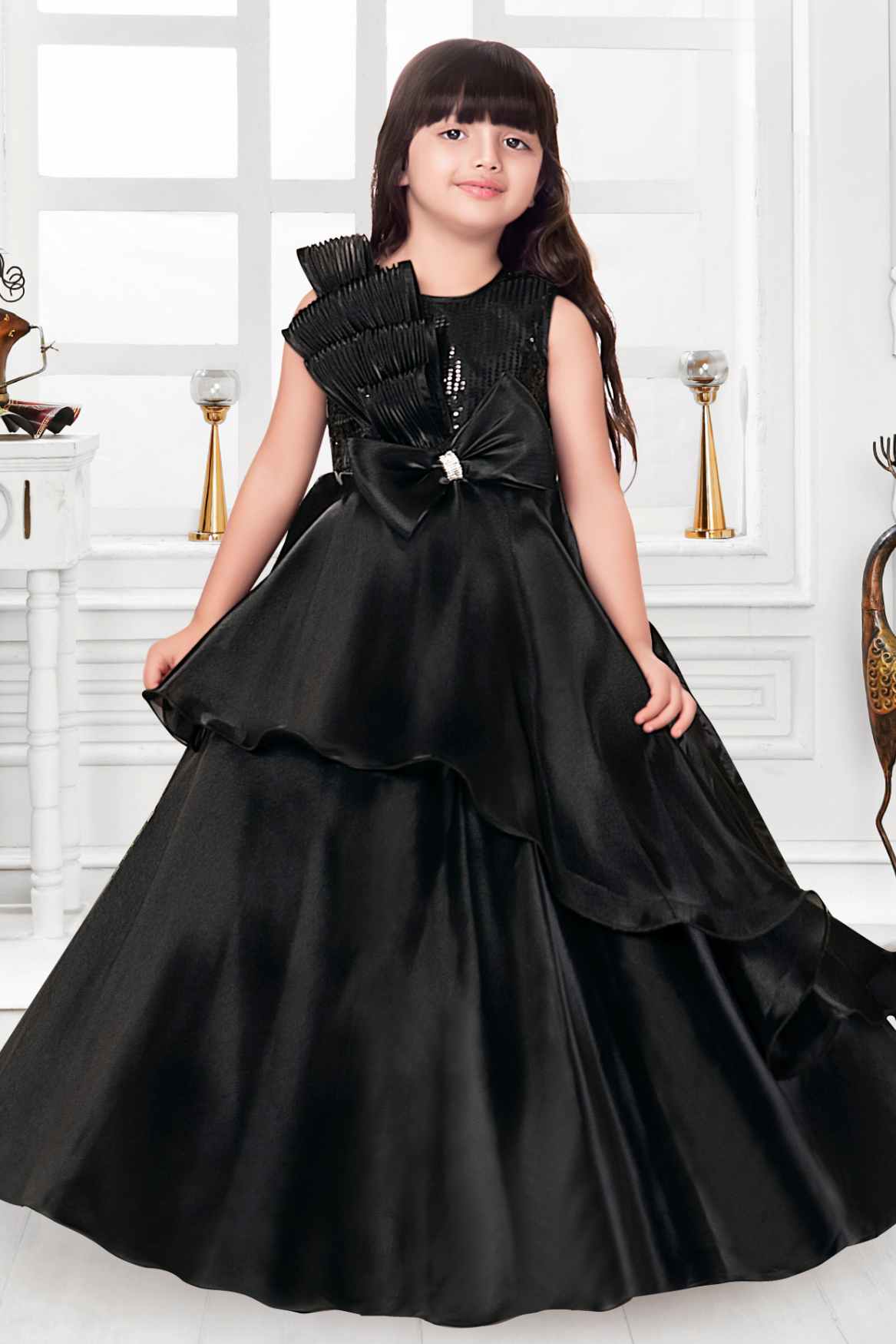 Black Sequin Gown With Bow Embellished For Girls – Lagorii Kids