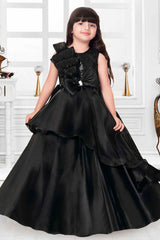 Black Sequin Gown With Bow Embellished For Girls