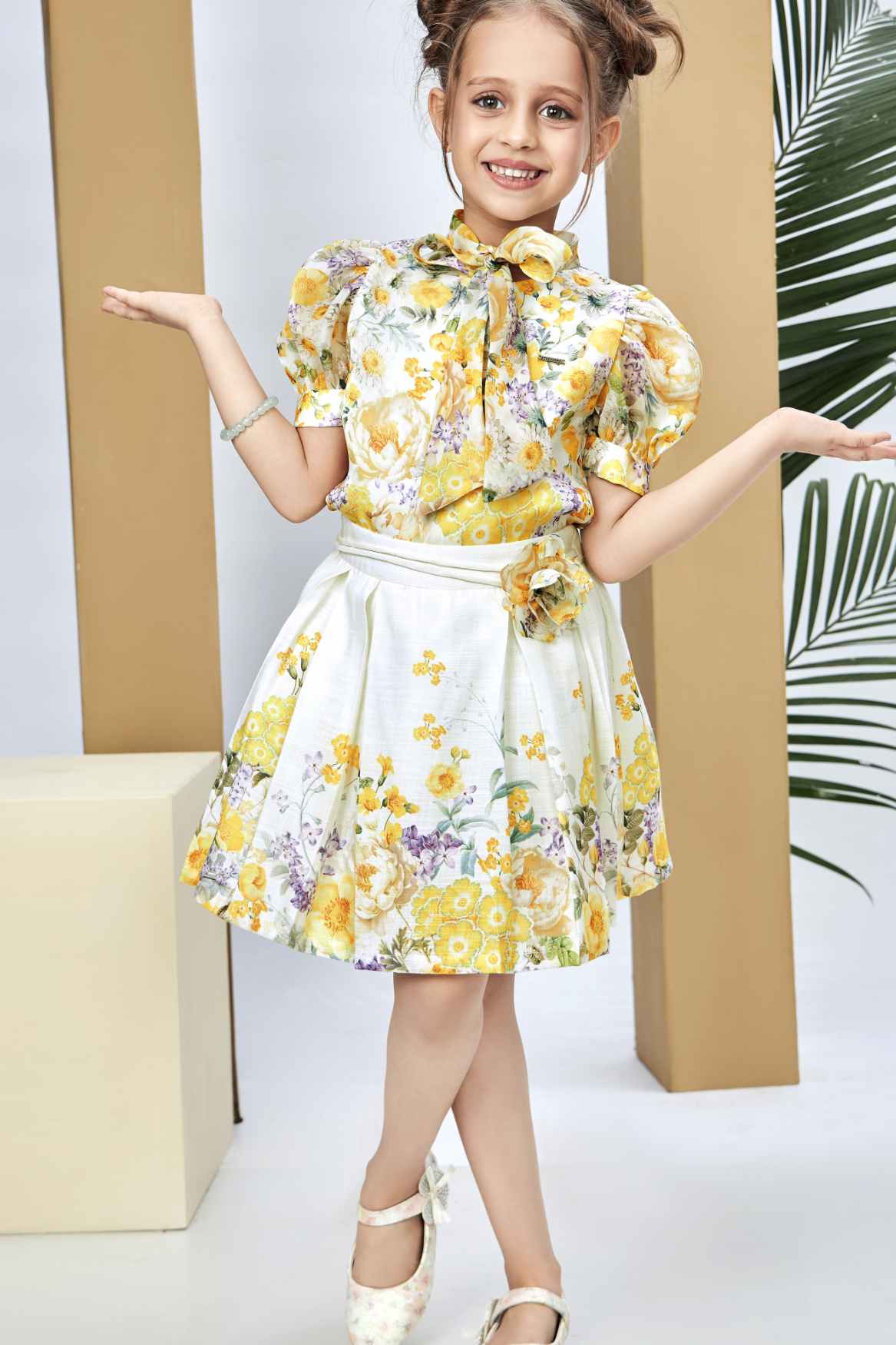 Yellow Floral Top & White Pleated Skirt Set For Girls