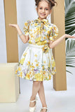 Yellow Floral Top & White Pleated Skirt Set For Girls