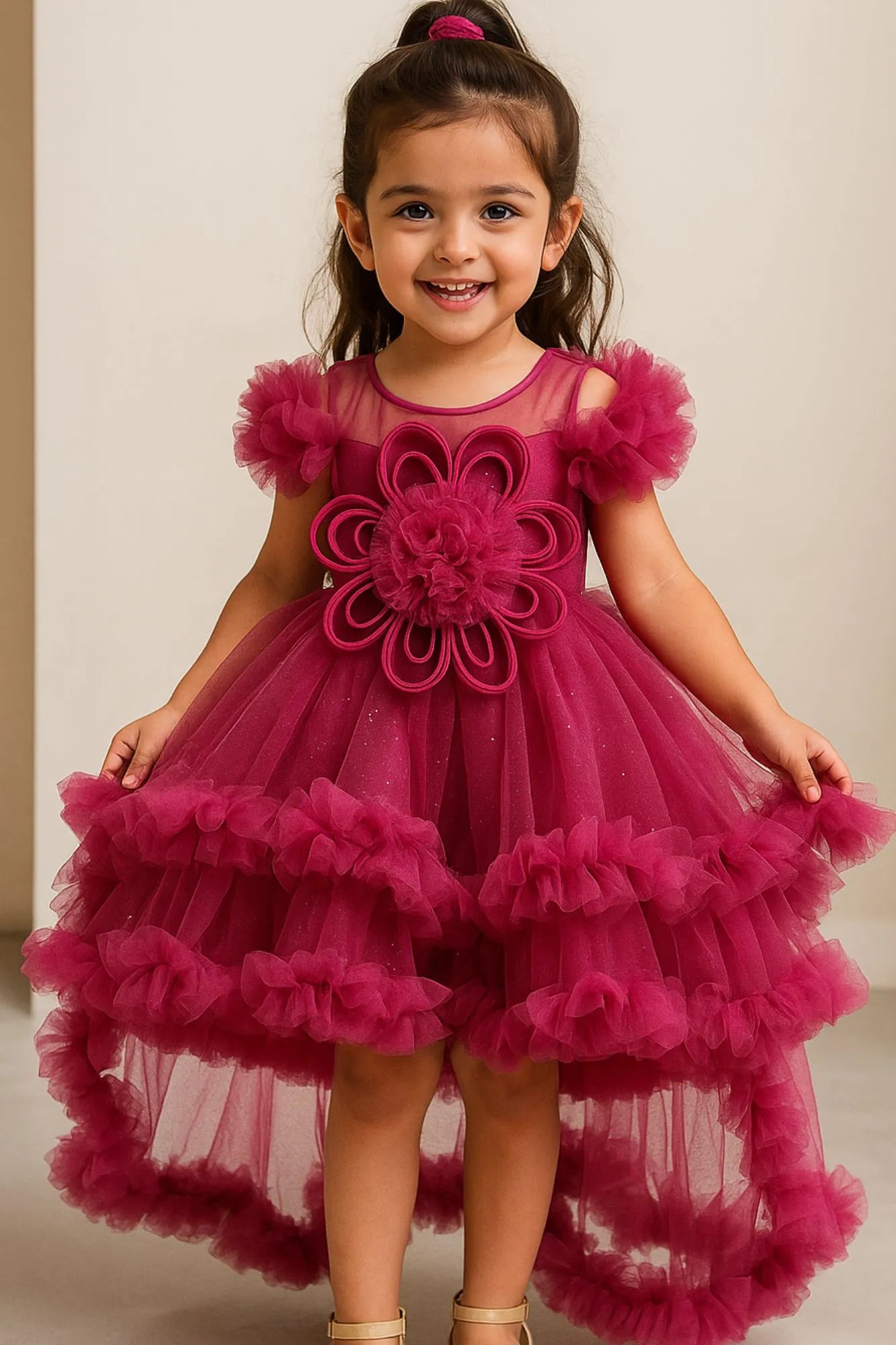 Raspberry Pink Ruffle Frock with 3D Floral Appliqué For Girls