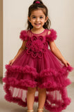 Raspberry Pink Ruffle Gown with 3D Floral Appliqué For Girls