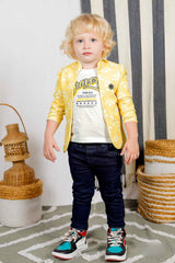 White Printed T shirt And Black Pant With Yellow Overcoat For Boys