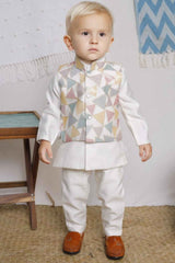 White Full Sleeve Kurta Set With Sequins Worked Waist Coat For Boys