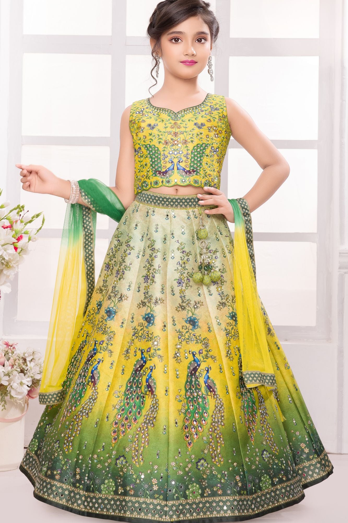 Yellow & Green Ombre Lehenga Choli with Peacock Embroidery and Dupatta For Girls