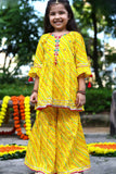 Yellow Bandhani Print And Mirror Work Sharara Set For Girls