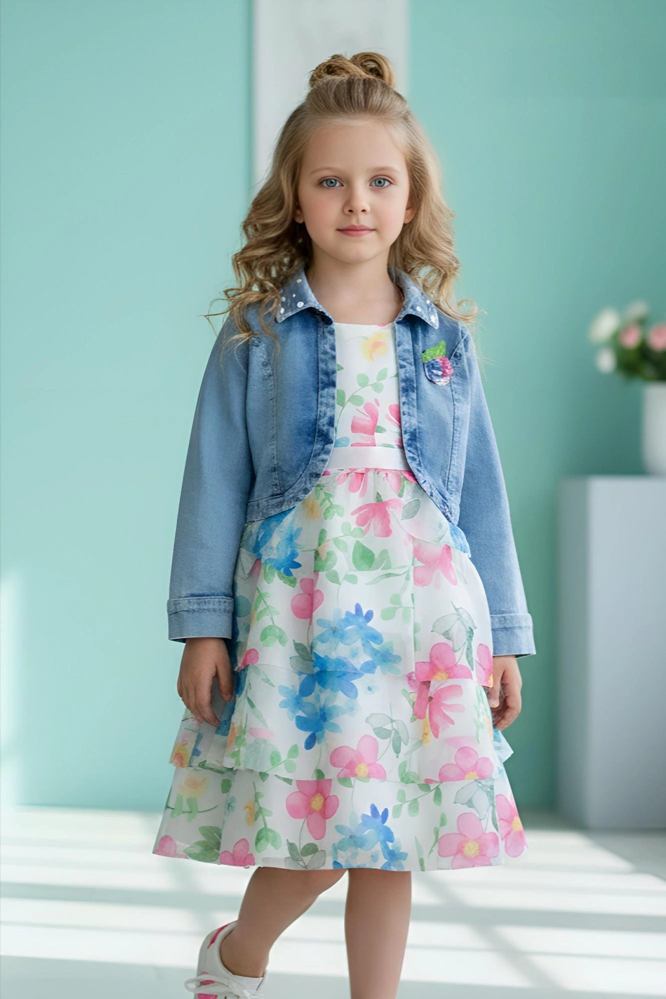 Cream Floral Layered Frock with Denim Jacket For Girls