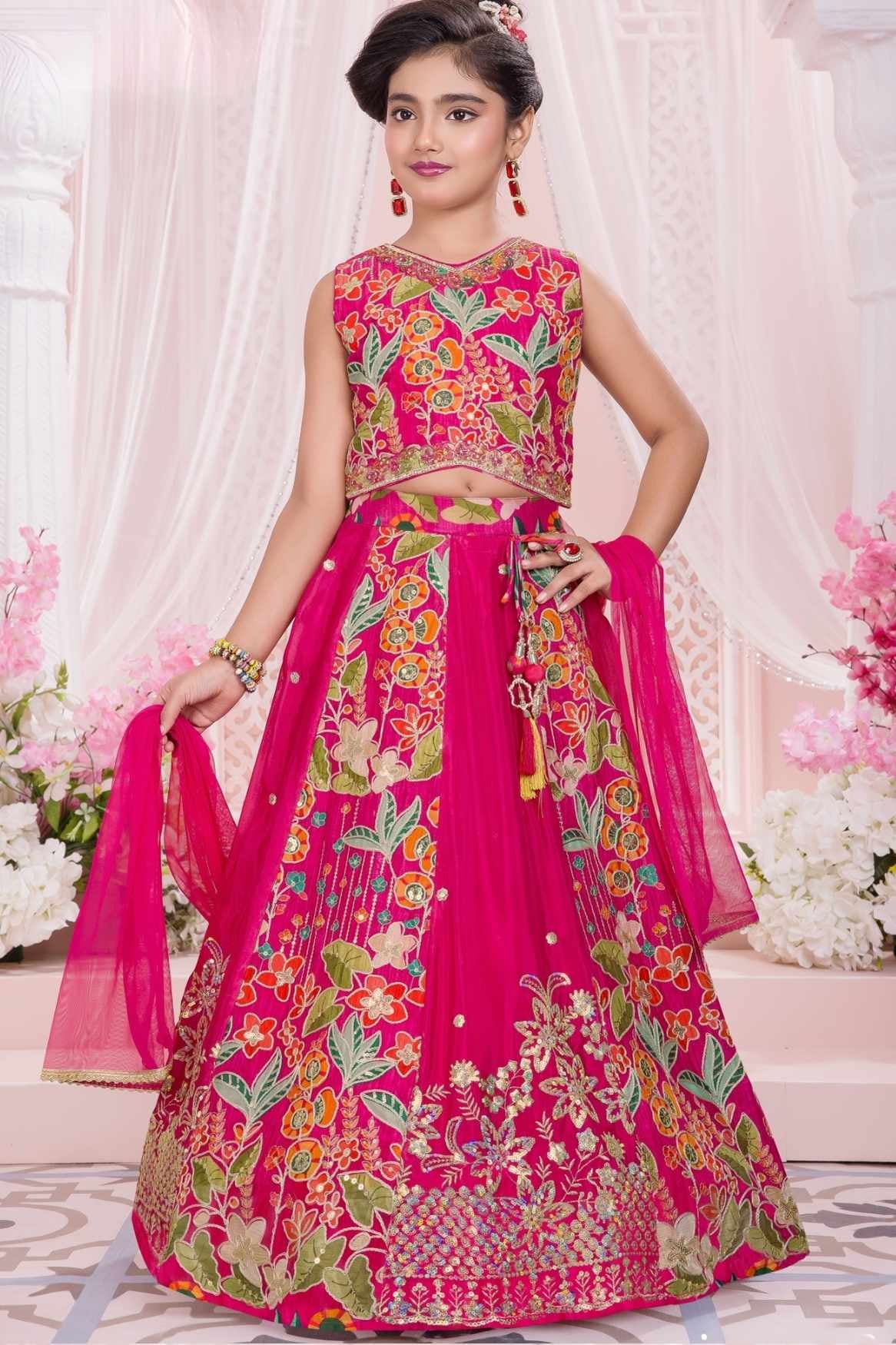 Rani Pink Floral Embroidered Lehenga Choli Set With Dupatta For Girls