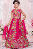 Rani Pink Floral Embroidered Lehenga Choli Set With Dupatta For Girls