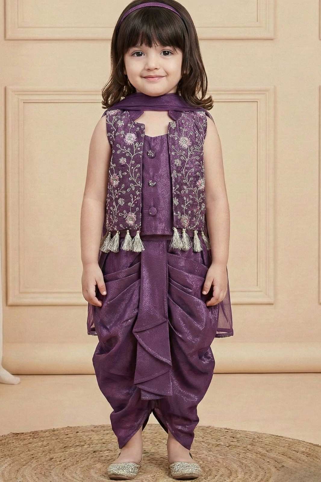 Purple Embroidered Dhoti Skirt Set For Girls