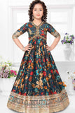 Elegant Navy Blue Floral Printed Gown For Girls - Lagorii Kids