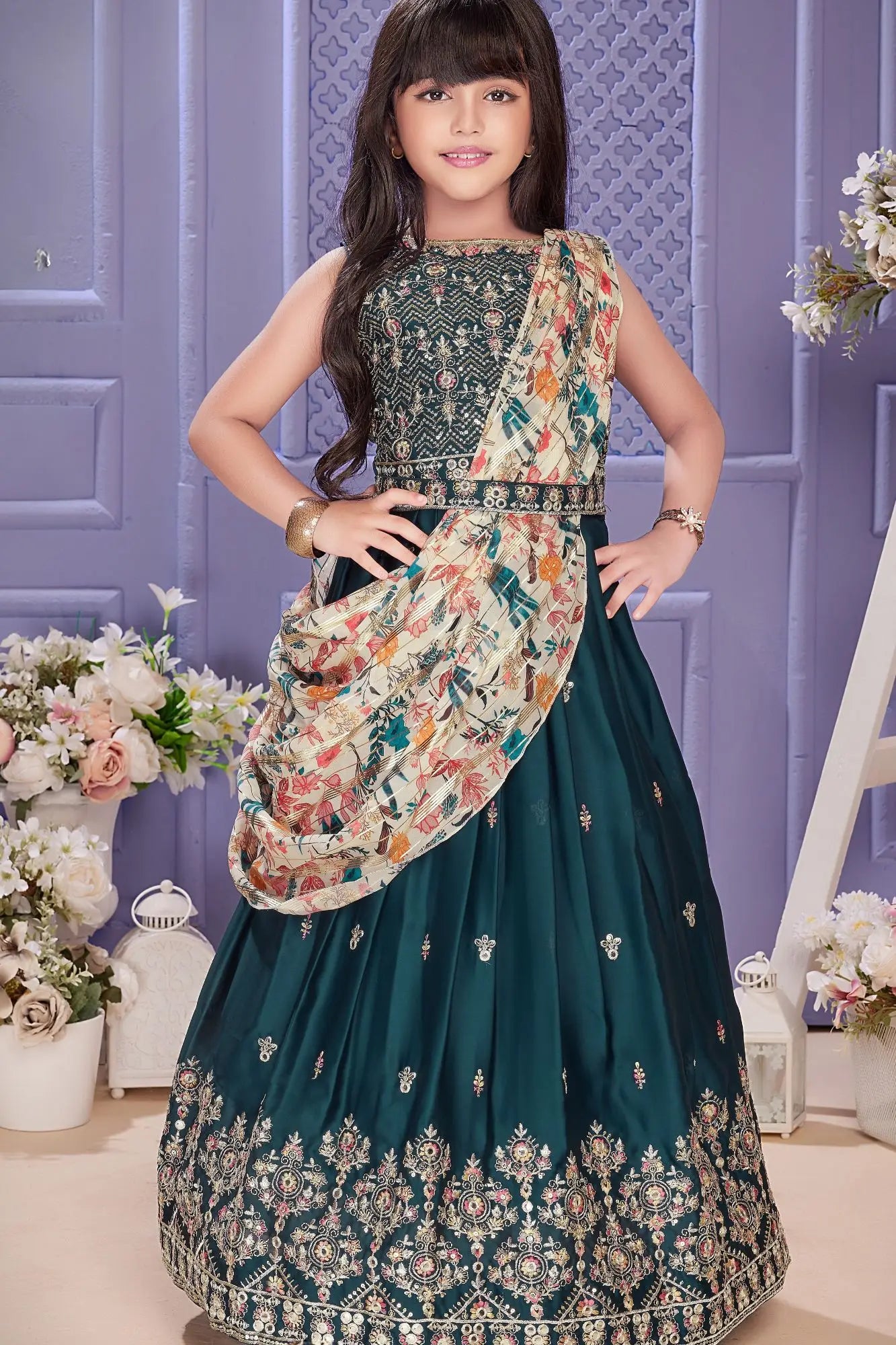 Deep Teal Embroidered Lehenga Choli Set with Floral Printed Draped Dupatta For Girls