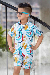White Printed Shirt And Shorts Set For Boys