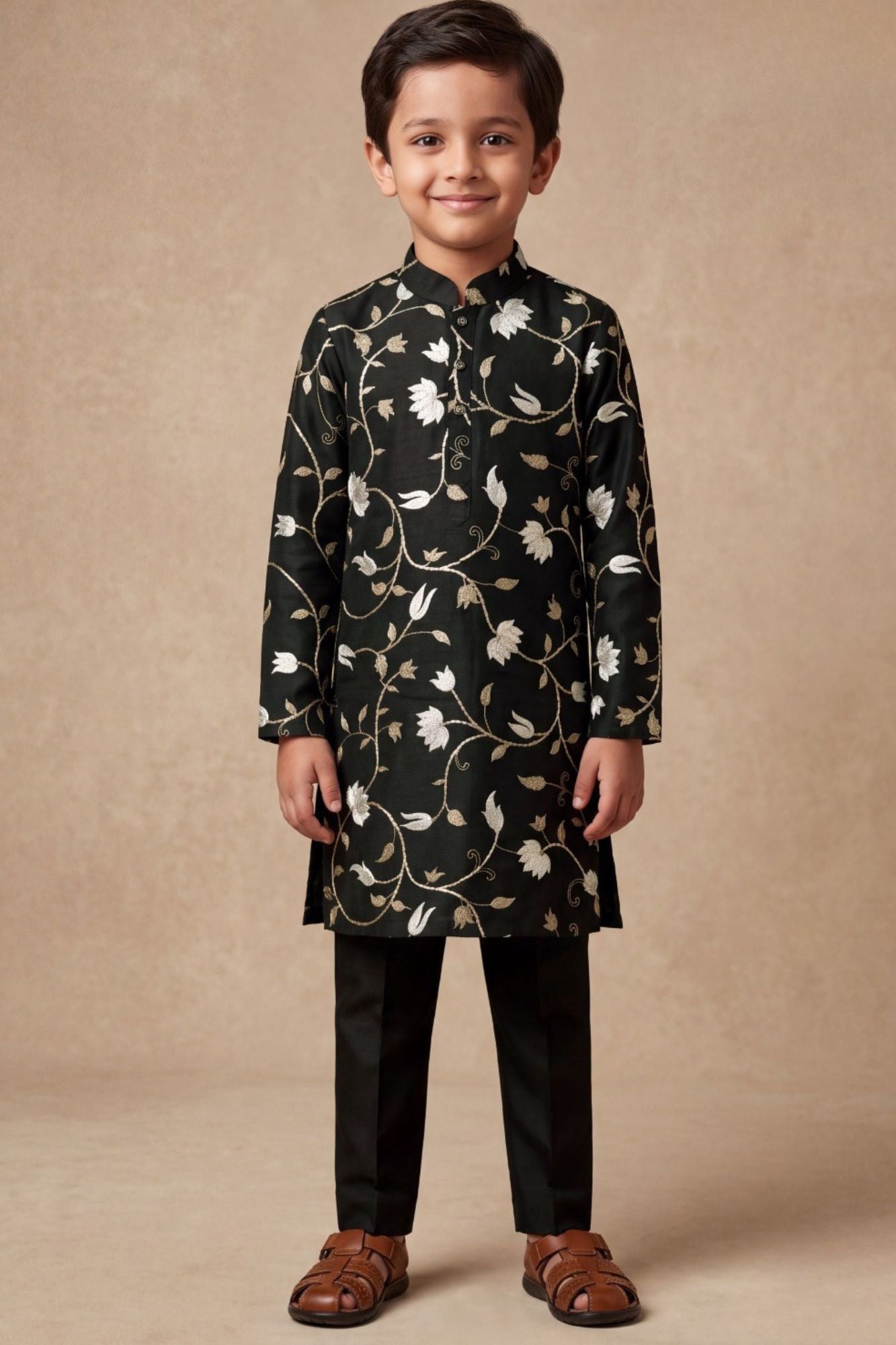 Boys Black Kurta Pajama Set with Floral Gota Patti And Sequin Work