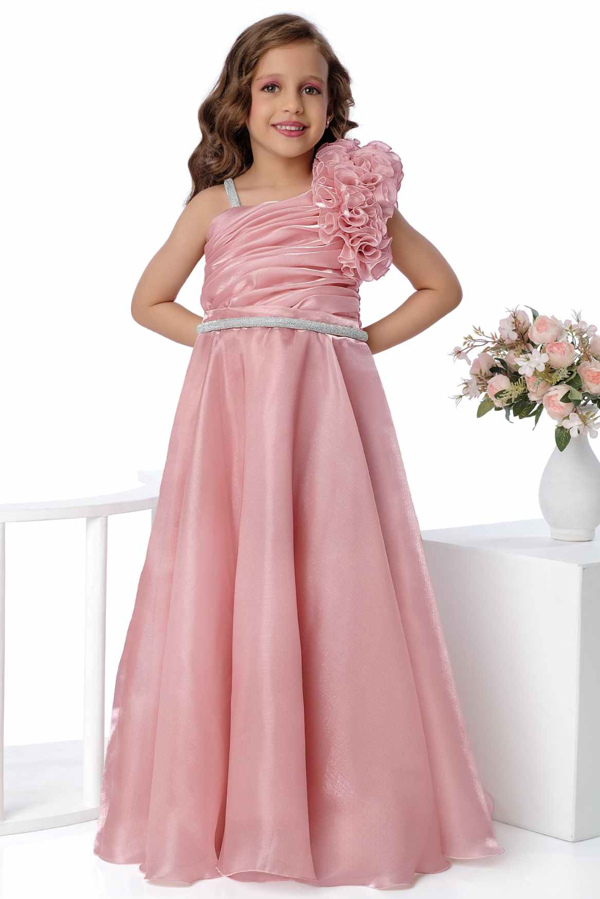 Designer Pink Floral Appliqué Party Wear Gown For Girls