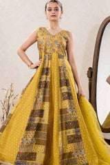 Yellow Sequins Work And Zari Embroidered Gown With Floral Printed For Girls