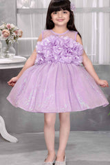 Designer Purple Net Sequin And Floral Embellished Frock For Girls