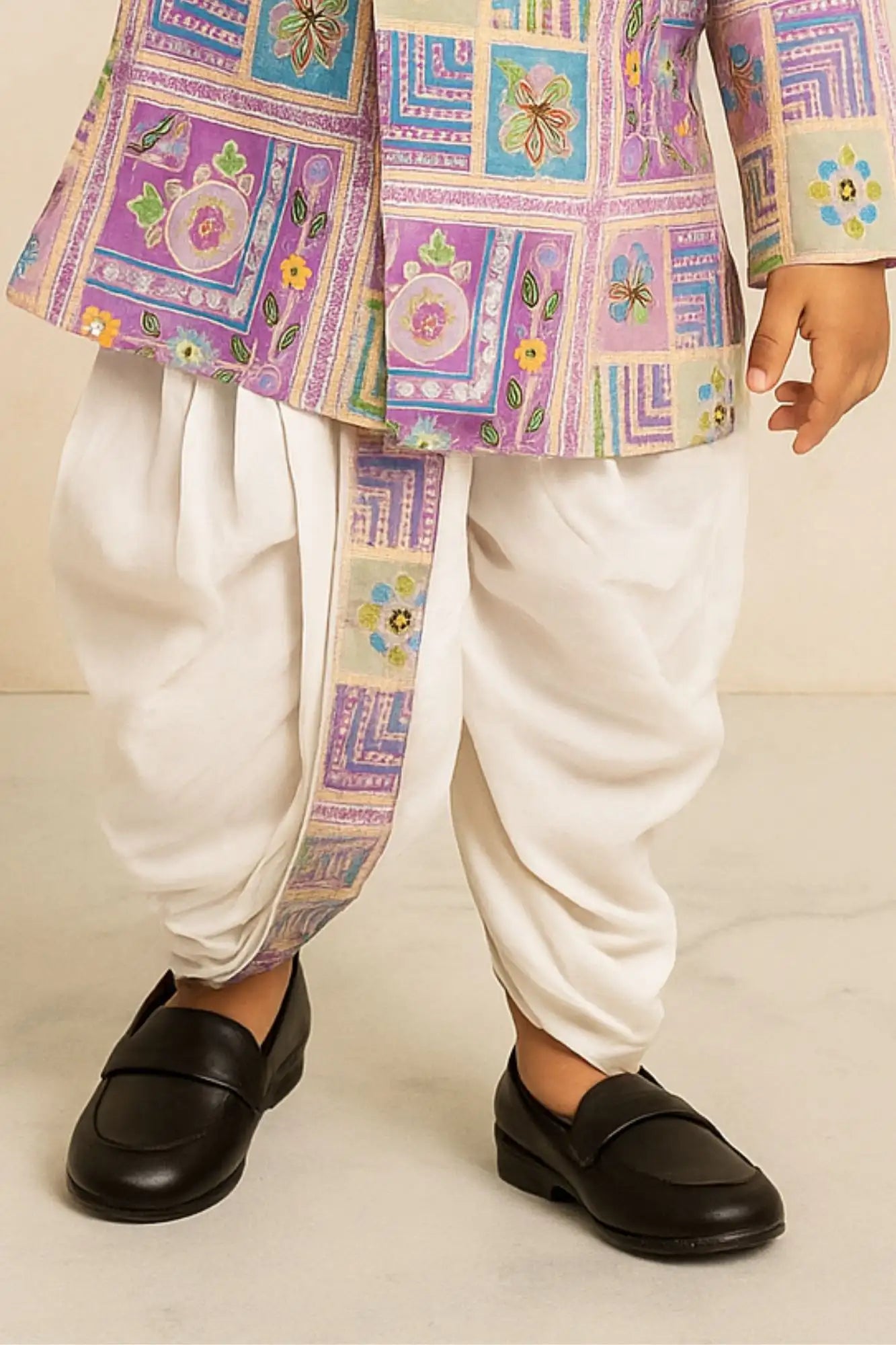 Lavender Patchwork-Style Kurta with Cream Dhoti Set