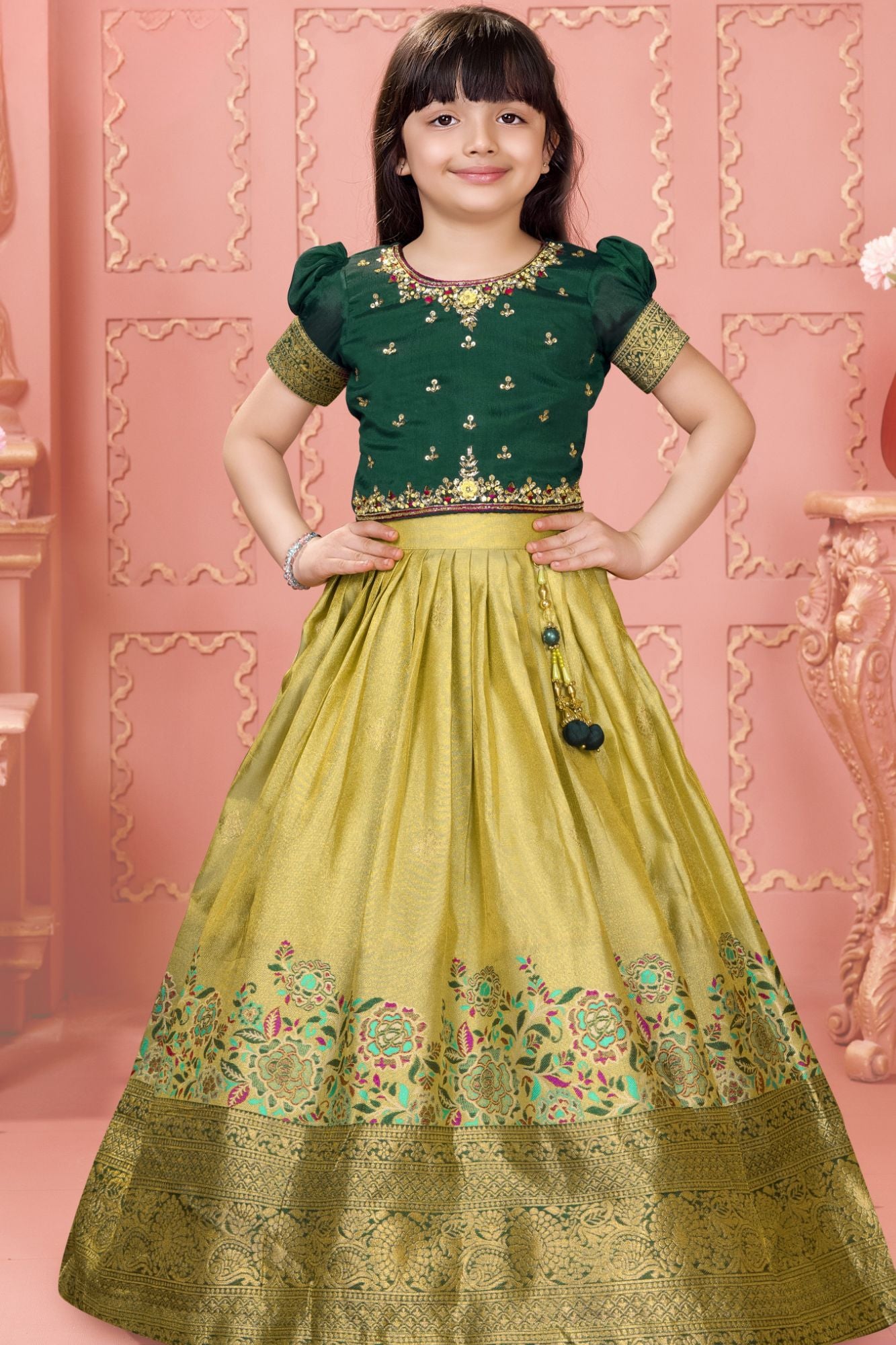 Bottle Green Silk  Pattu Pavadai with Puff Sleeves For Girls