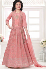 Peach Sequin Work And Embroidered Lehenga Choli Set For Girls