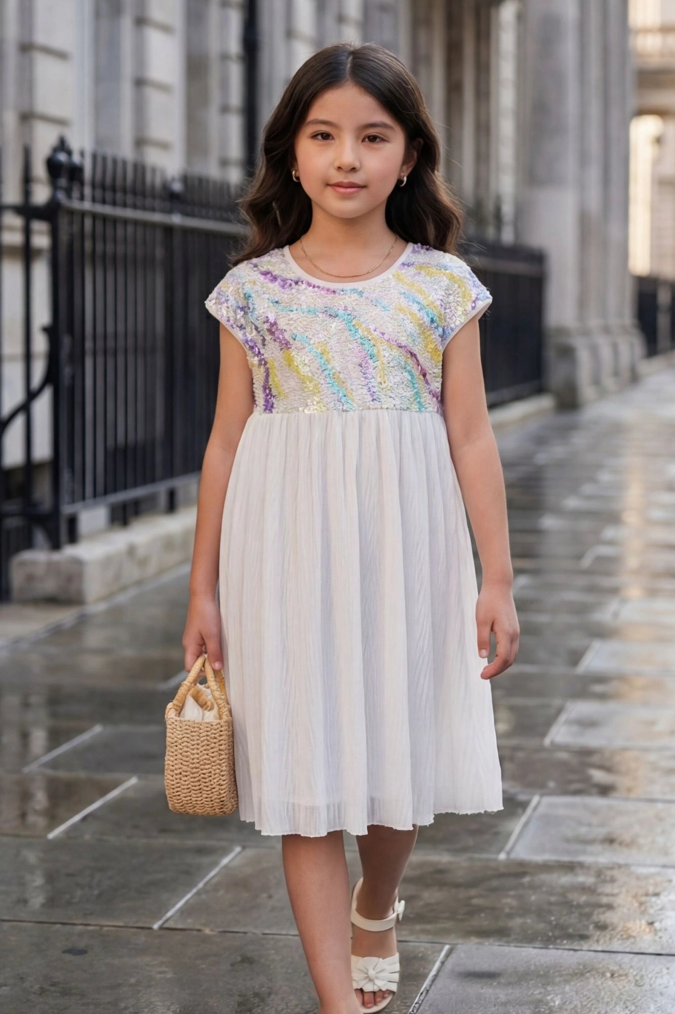 White Sequin Bodice Party Dress For Girls