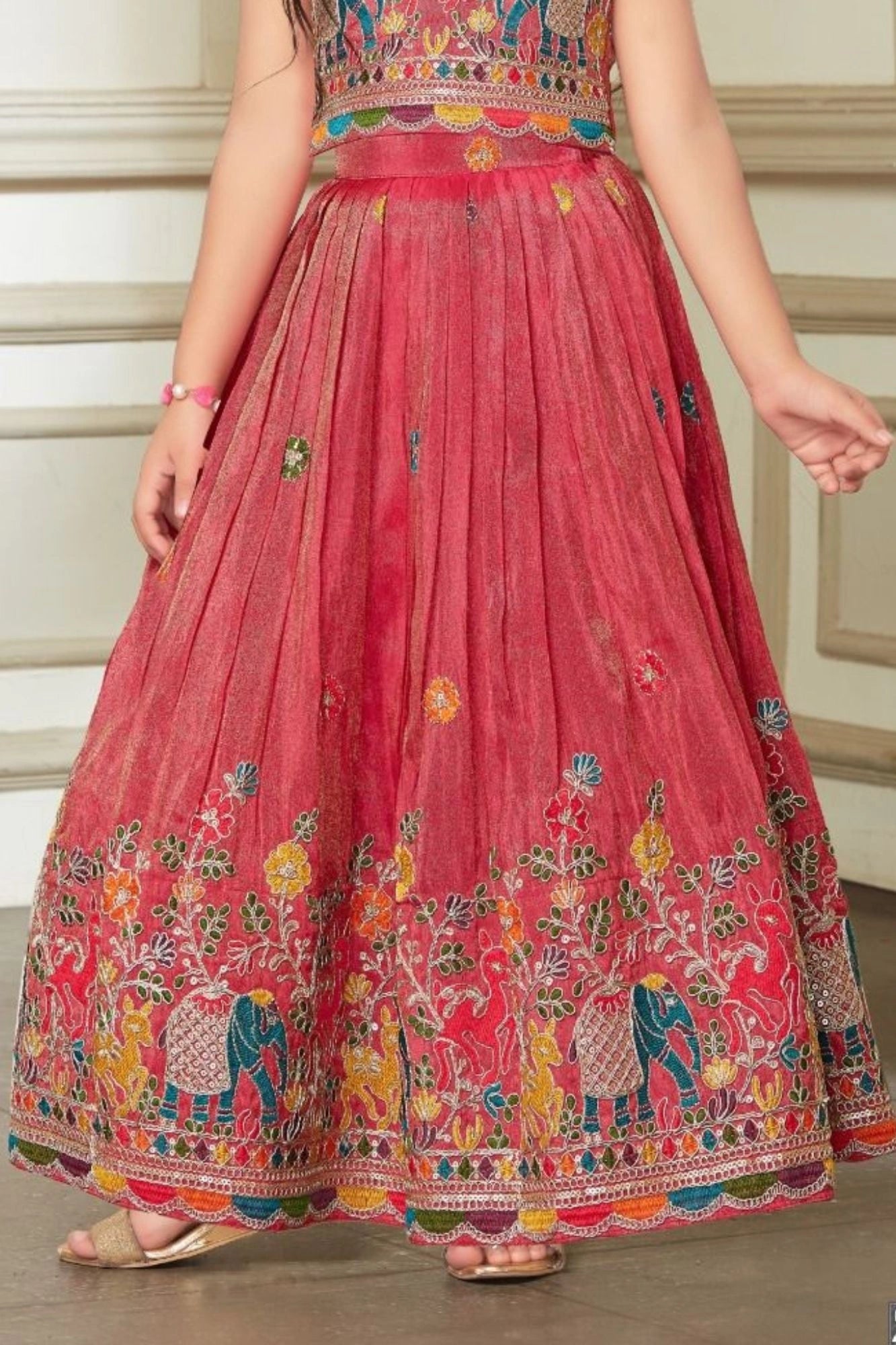 Rani Pink Folk Embroidered Lehenga Choli for Girls