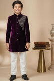 Wine Sherwani Set with Tiger Embroidered Motif For Boys