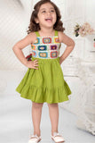 Elegant Green Frock With Crochet Embellished Frock For Girls