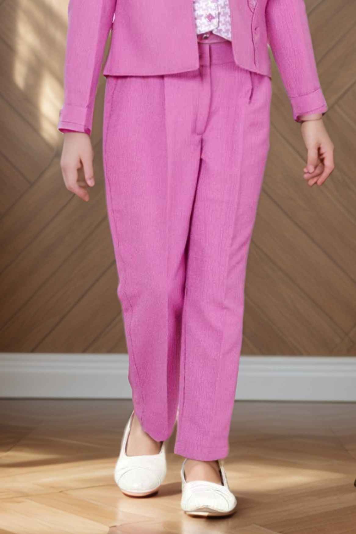 Stylish Lavender Blazer And Pant With Houndstooth Printed Top Set For Girls