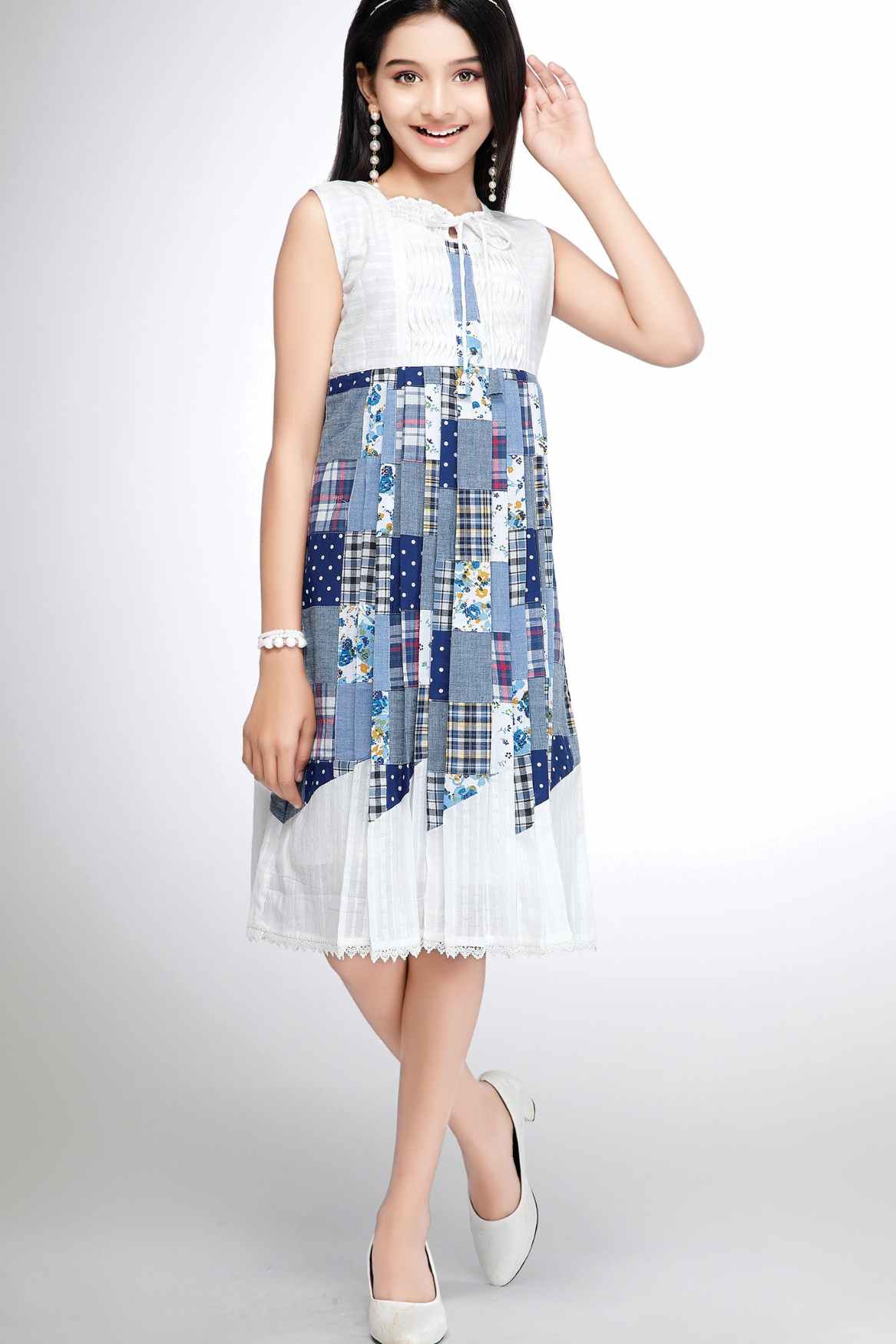 White Casual Dress With Blue Printed Patchwork For Girls
