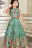 Green Folk Embroidered Lehenga Choli for Girls