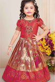 Pink Brocade Pattu Pavadai With Bead Work And Zardosi Work For Girls