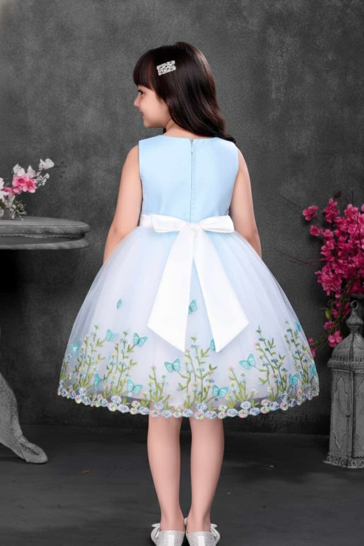 Blue Sequin Bodice Party Wear Frock with Butterfly Print Skirt For Girls