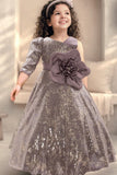 Mauve Sequin Party Frock with Oversized Floral Bow For Girls