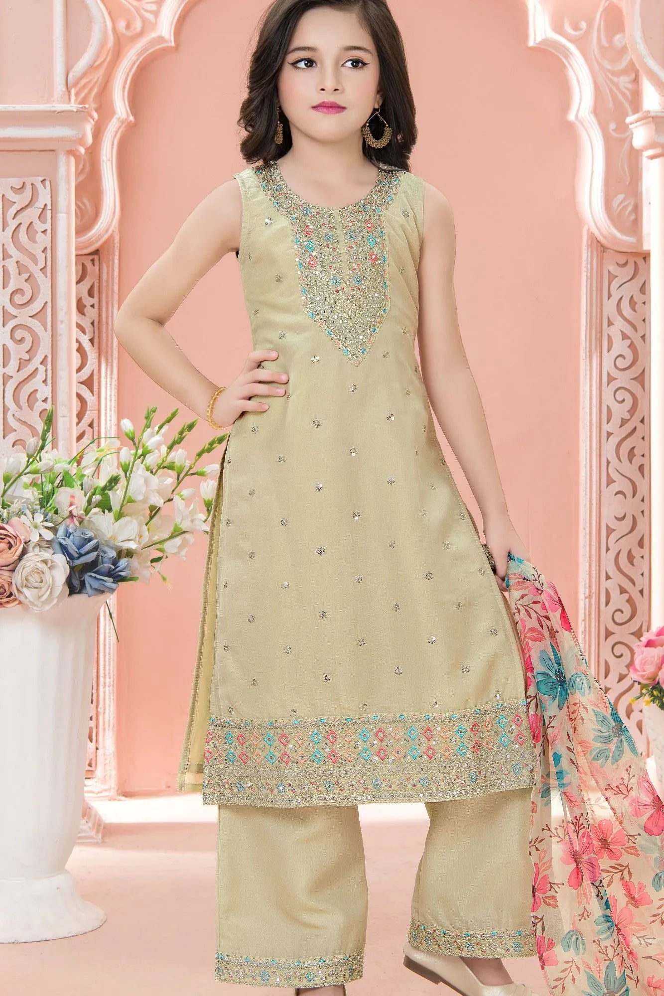 Beige Embroidered Kurta Set with Floral Printed Dupatta For Girls