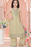 Beige Embroidered Kurta Set with Floral Printed Dupatta For Girls